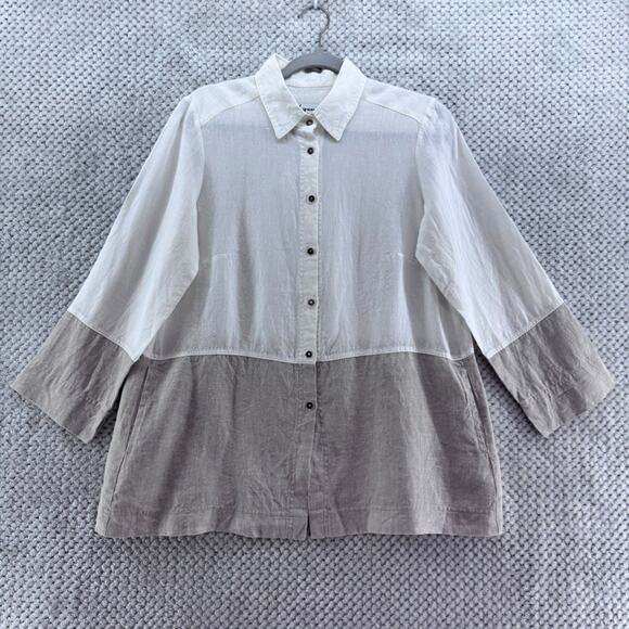 iLinen Top Womens M Beige Linen Colorblock Tunic Button Front Pockets Lagenlook - Picture 1 of 13